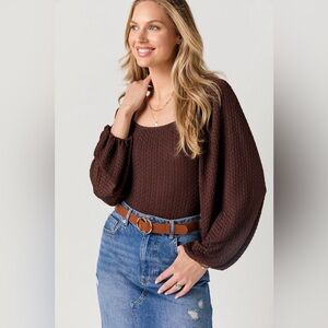 Blue Rain Francesca's Square Neckline Balloon Puff Sleeves Brown Bodysuit Small